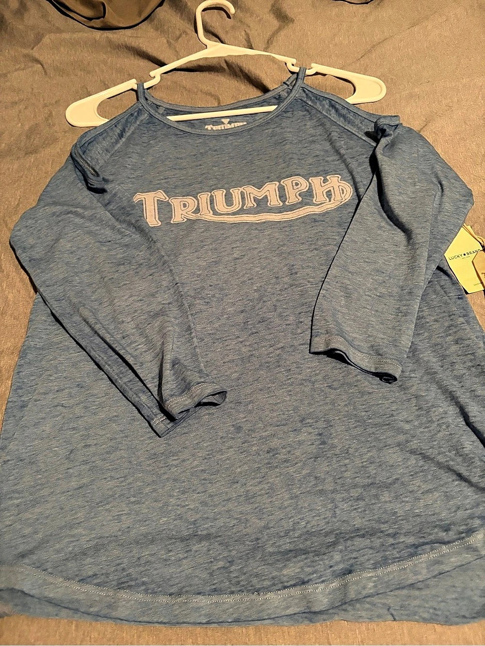 Lucky Brand x Triumph Motorcycles Cold Shoulder Graphic Tee Blue Medium